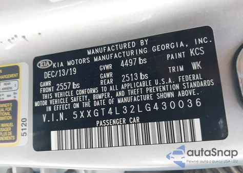 2020 Kia Optima Lx из США, поврежденный, VIN 5XXGT4L32LG430036